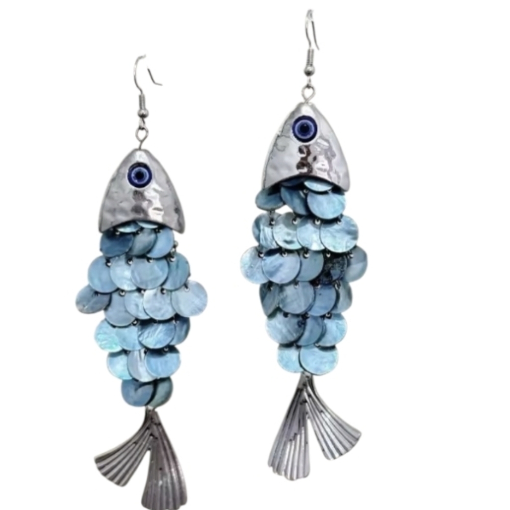 Silver & Blue Sequin Fish Scale Statement Dangle … - image 2